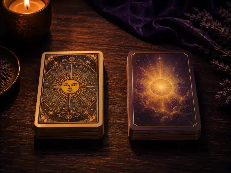 Tarots et oracles : deux jeux de cartes divinatoires posés sur une surface sombre